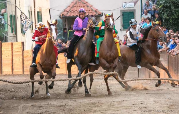 Il momento della Mossa del Palio I quattro cavalli appena partiti dopo che il Canape abbassato