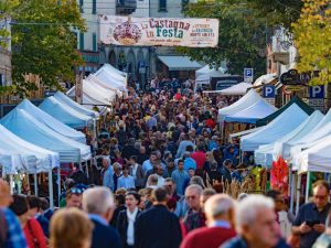 Via del paese con stand e piena di gente